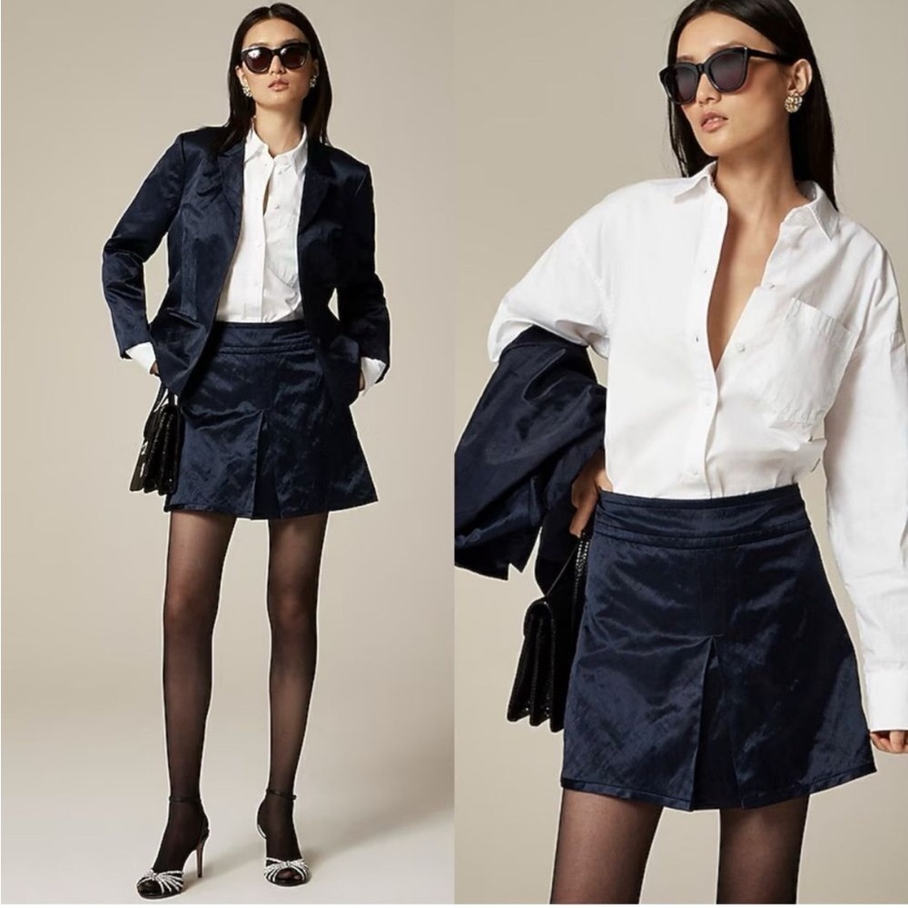 J‎ CREW COLLECTION Textured Satin Mini Skirt Center Pleat Navy Blue Classic 2